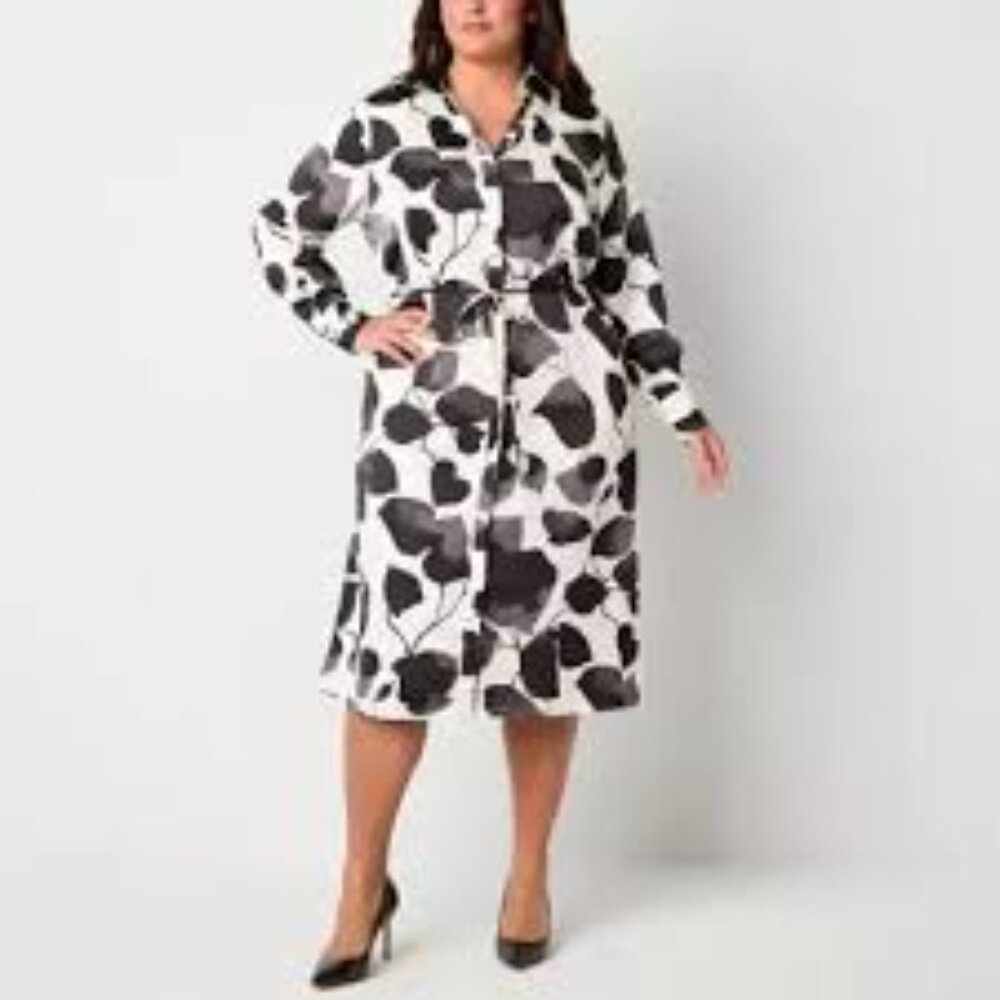 Worthington Black/🤍🩶 White Tie Front Shirt Dress - Picture 6 of 8